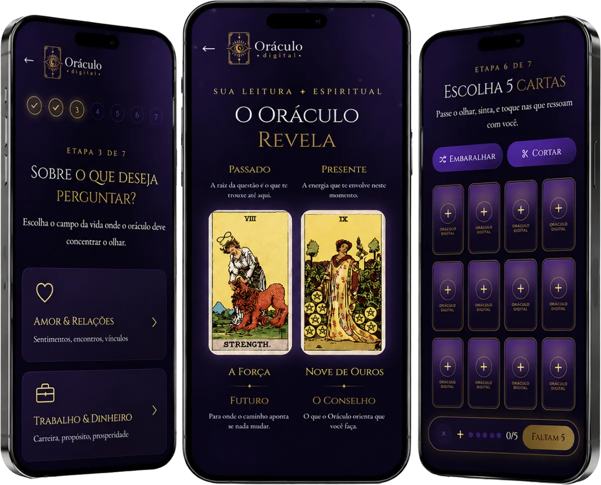 Tres pantallas de Oráculo Digital: elección del tema, revelación de las cartas y selección de las cartas en la pantalla del celular.